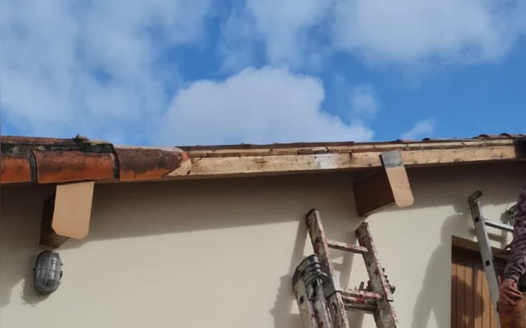 Weathered eaves and roof of a white building with a bicycle mounted on the wall below against a blue sky
