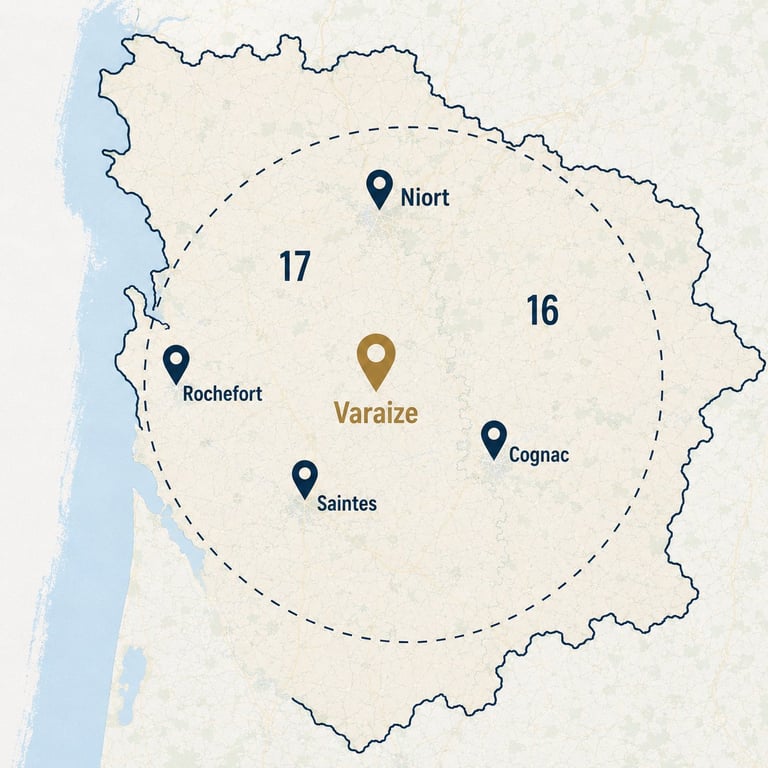 Map of the Cognac wine region in France showing production areas 16 and 17, with towns Niort, Rochefort, Varaize, Saintes, and Cognac marked.